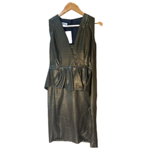 Moschino green peplum cocktail dress sz 10 holiday festive metallic midi length